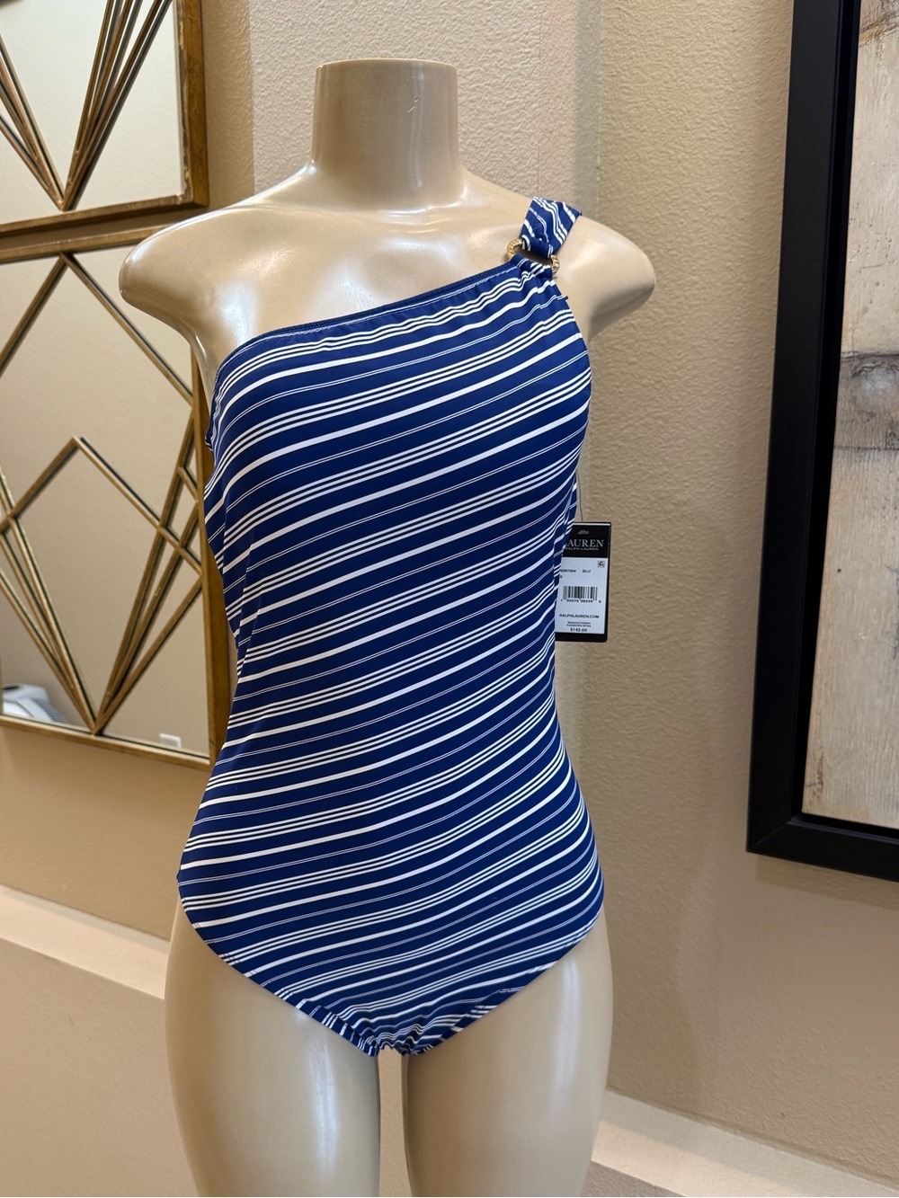 Lauren Ralph Lauren Women’s Harper Stripe One Shoulder Swimsuit Navy NWT